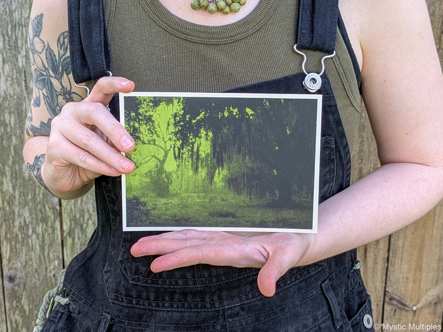 A person holding our brazos bend state park postcard in green and black