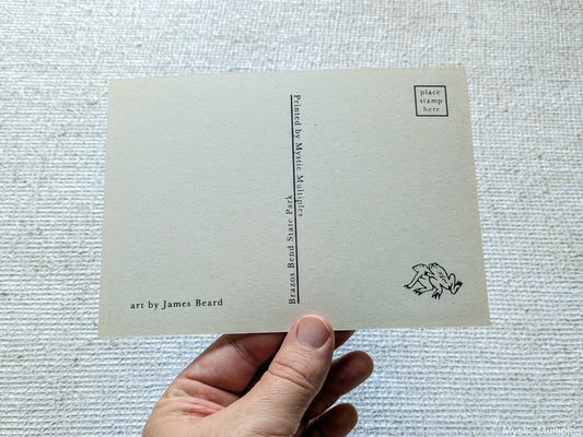 Postcard back with place stamp box, small illustration of two frogs, and title plus artist credit for james beard