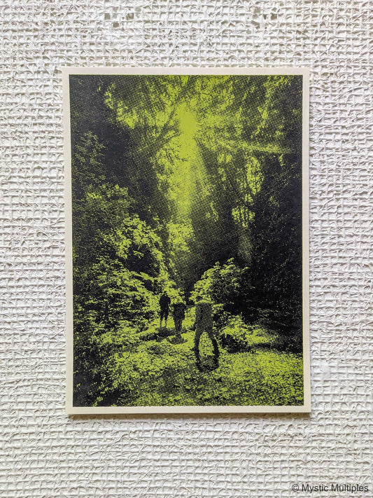 Green and black halftone image of canyon with fern walls and three figures walking on foot.