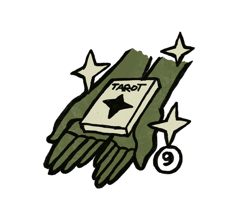 Illustration of hands holding a tarot deck with stars and a number nine on a white background