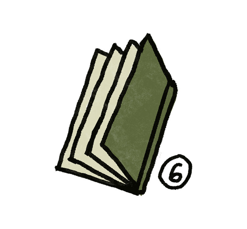 Illustration of an open book with a number 6 on a white background