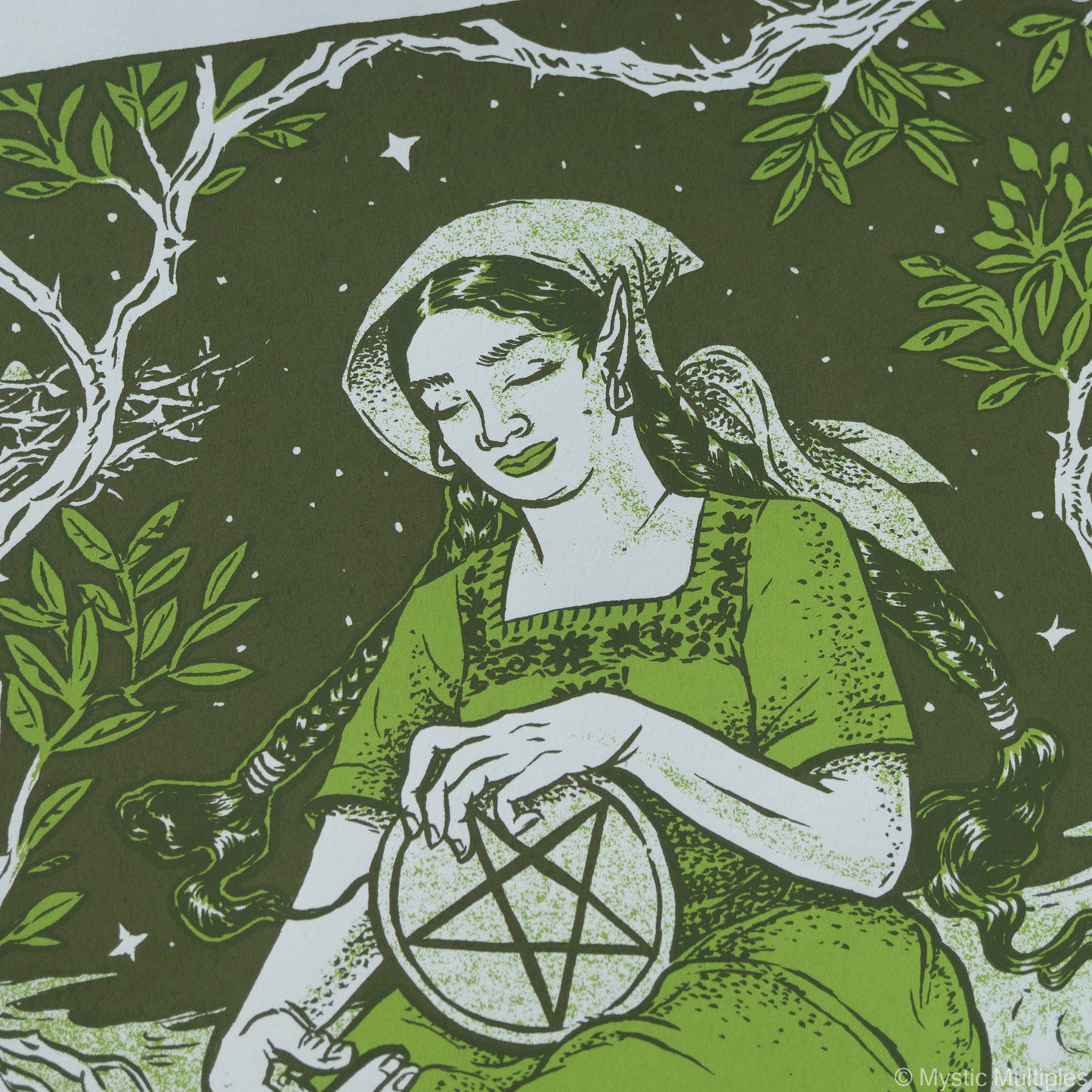 Closeup shot of the queen of pentacles sitting in the forest