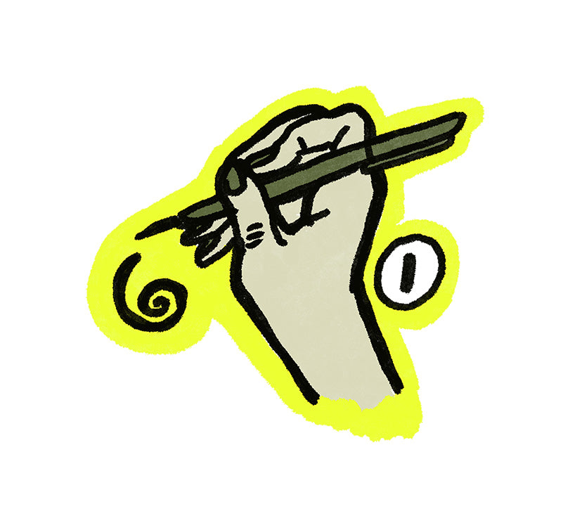 Illustration of a hand holding a pen with a yellow border on a white background