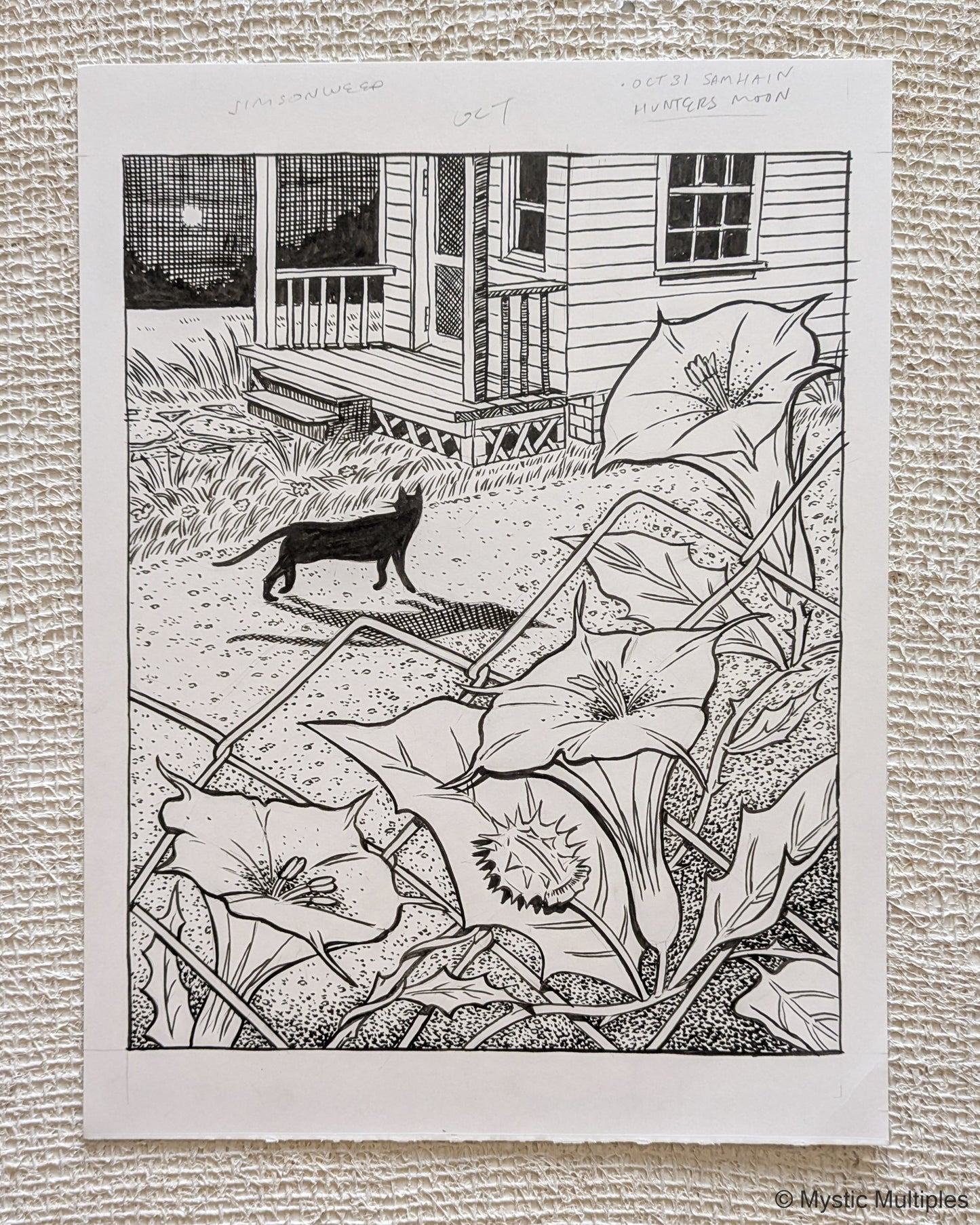 Illustration of hunter's moon with a cat walking past a row house with blooming vine on a fence.