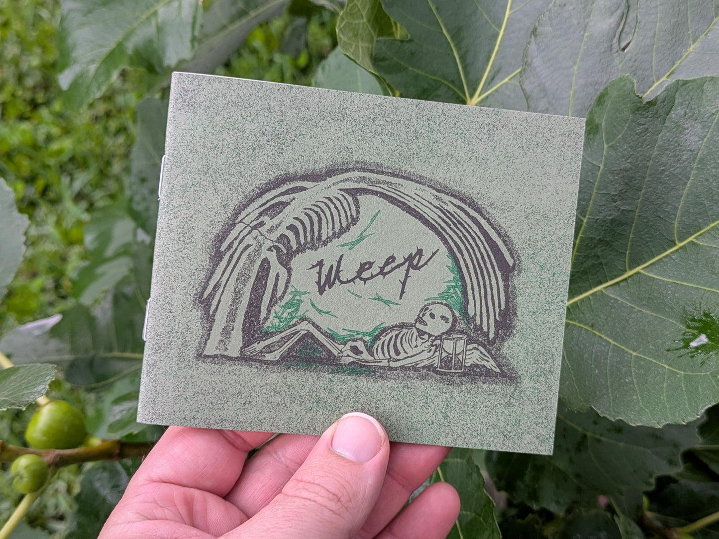 Cover art with a skeleton under a willow tree
