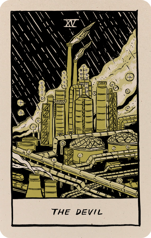Illustration of the devil card with a petrochemical plant in the rain.