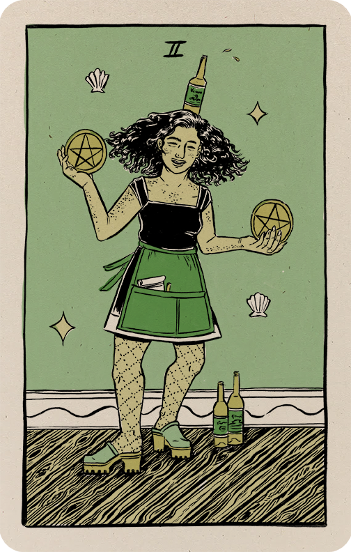 A tipsy waitress balancing a bottle on her head in platform shoes. Illustration for the two of pentacles.