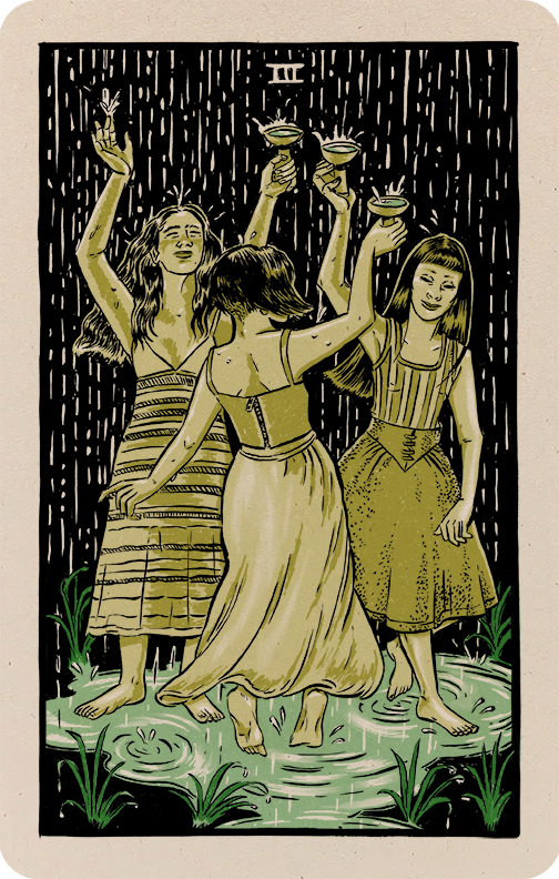 Illustration of three women toasting the rain for the three of cups card.