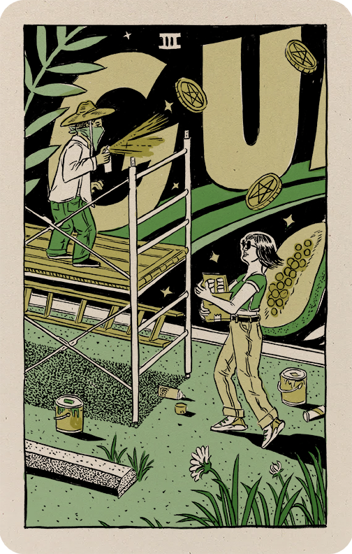 Illustration of a muralist on a scaffold working, and a woman on the ground carrying supplies for the three of pentacles tarot card.