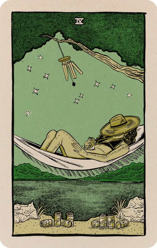 Nine of cups artwork, featuring a sleeping person on a hammock surrounded by beer cans and a windchime swaying in the breeze.