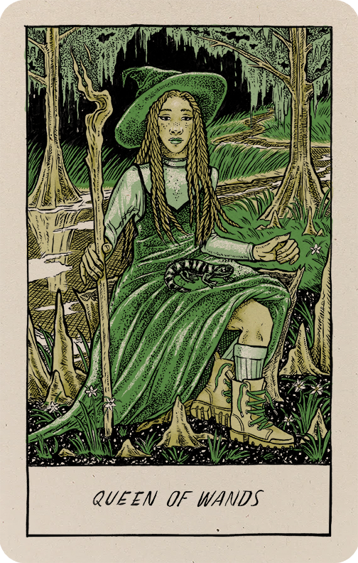 The queen of wands from the gulf coast tarot deck. She's seated in a cypress swamp, with a witch's familiar salamander in her lap.