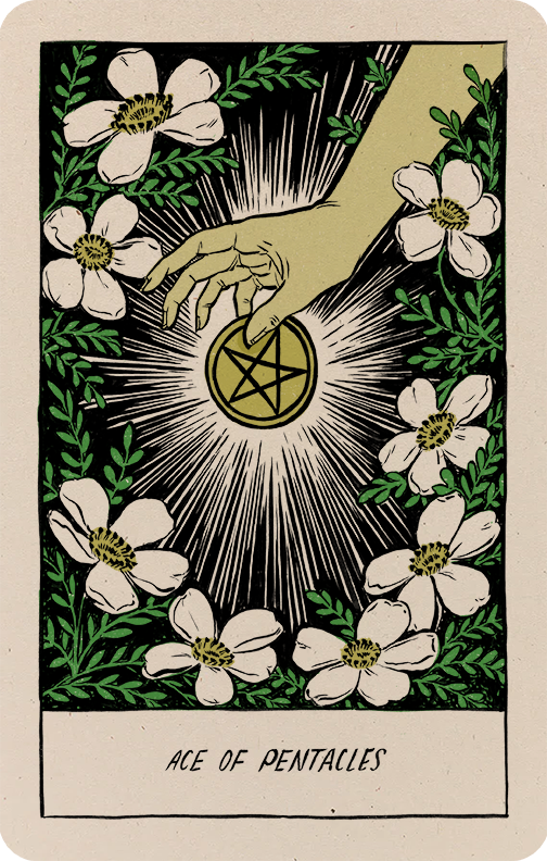 The ace of pentacles illustration with a hand siezing a gold coin surrounded by white blossoms.