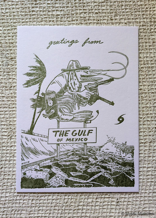 Greeting card with illustration of a bandito shrimp and text 'greetings from The Gulf of Mexico' on a textured beige background.