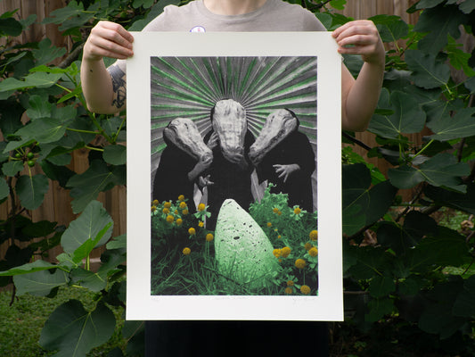 18x24 screenprint with three alligator humanoids standing over an egg.