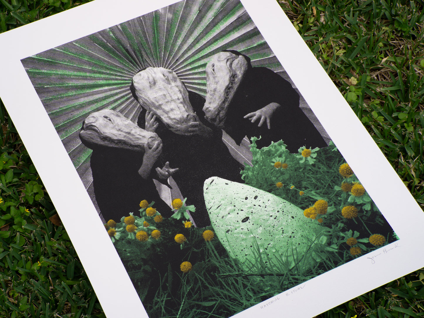 18x24 screenprinted art with three alligator humanoids standing over an egg.