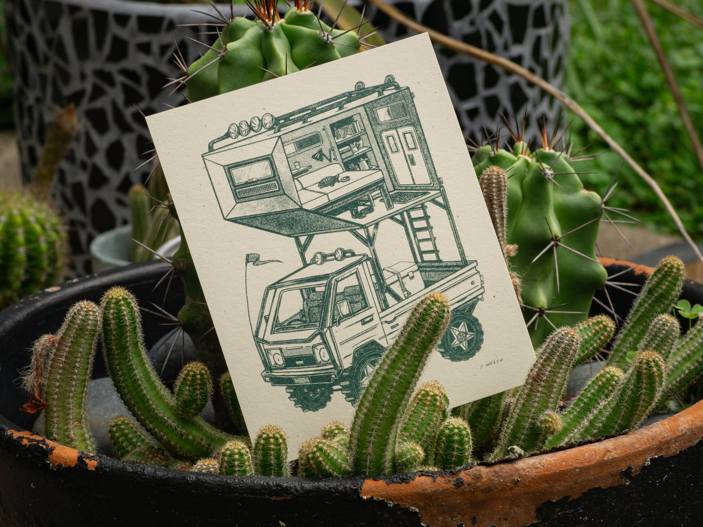 Small kei truck art print in a cactus pot.