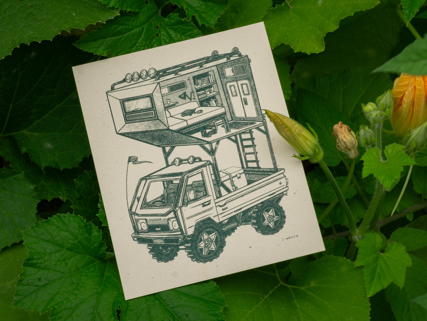 Kei truck art print in squash garden. The kei truck has an apartment on top of it.