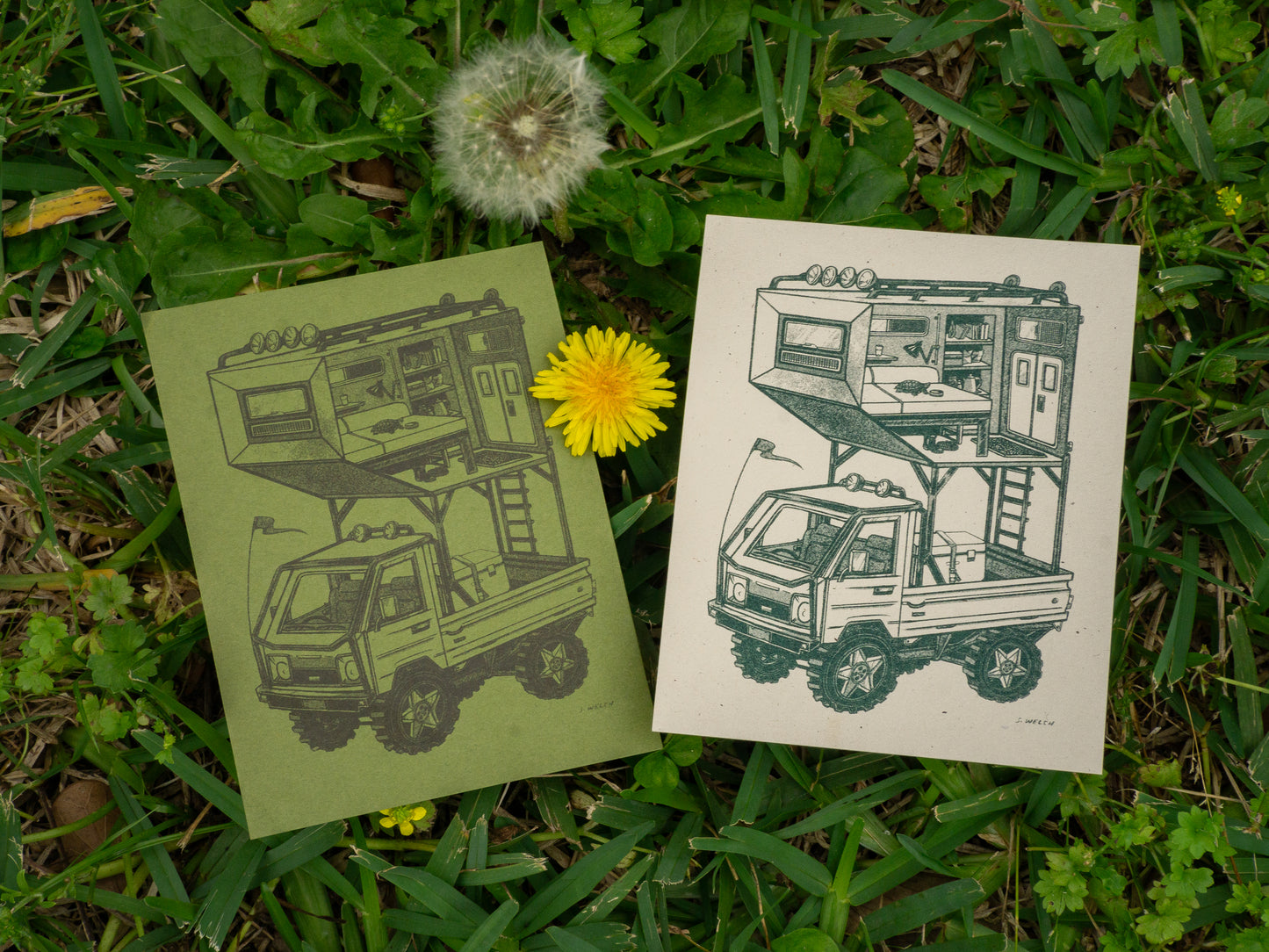 Japanese fantasy kei truck illustration on green and taupe papers.