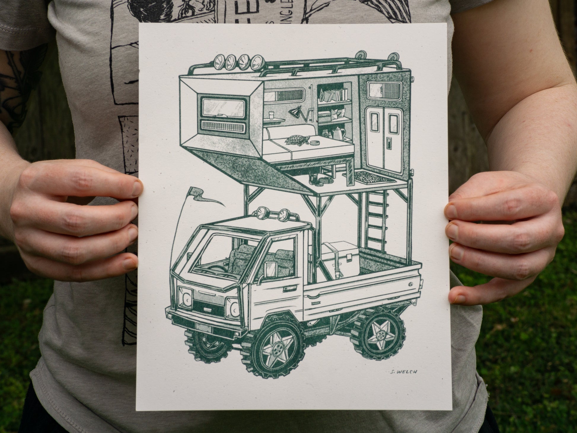 A kei truck art print. The truck has been customized heavily, and has a living space built above the truck bed.