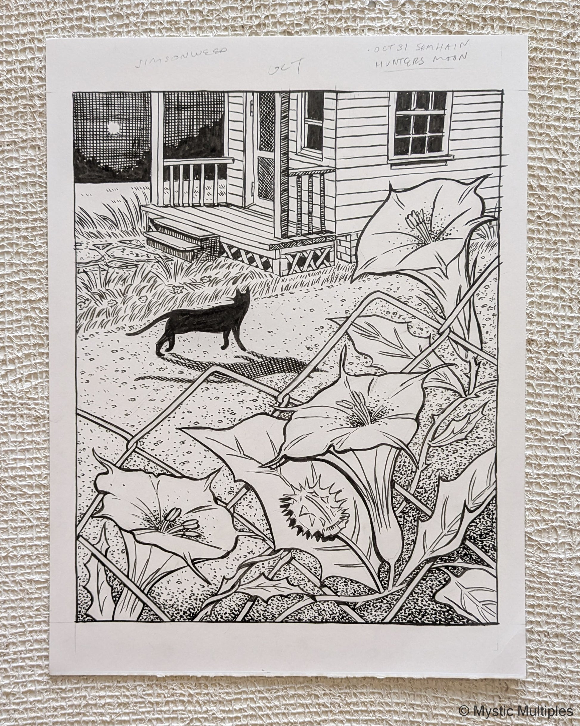 Illustration of hunter's moon with a cat walking past a row house with blooming vine on a fence.