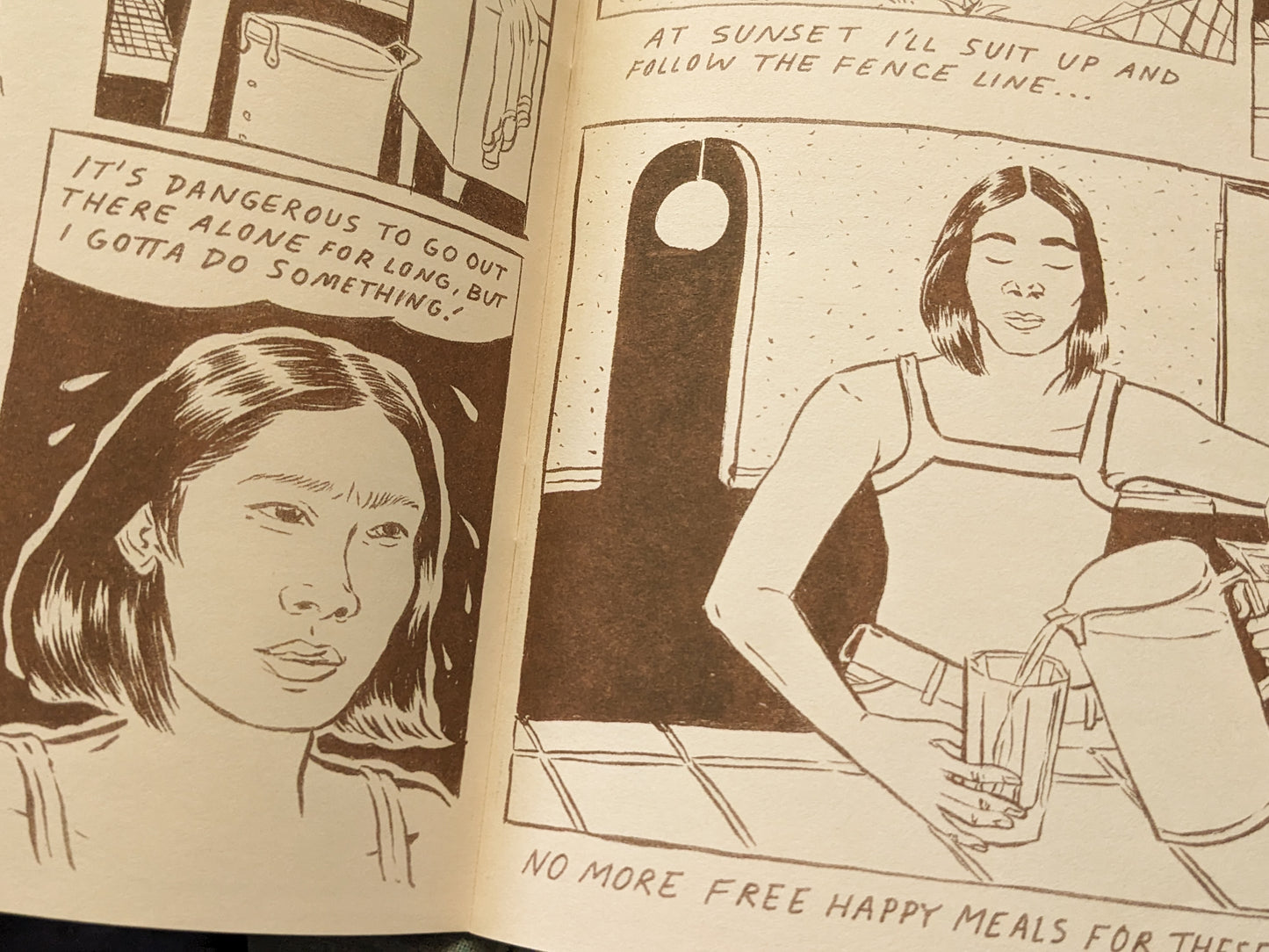 Detail from the comic of the main character pouring a glass of water.